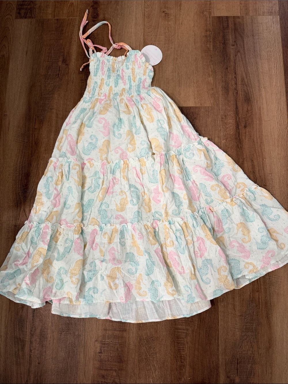 Tiered Sweet Honey Sundress with Pastel Seahorse Print - White/Pastel